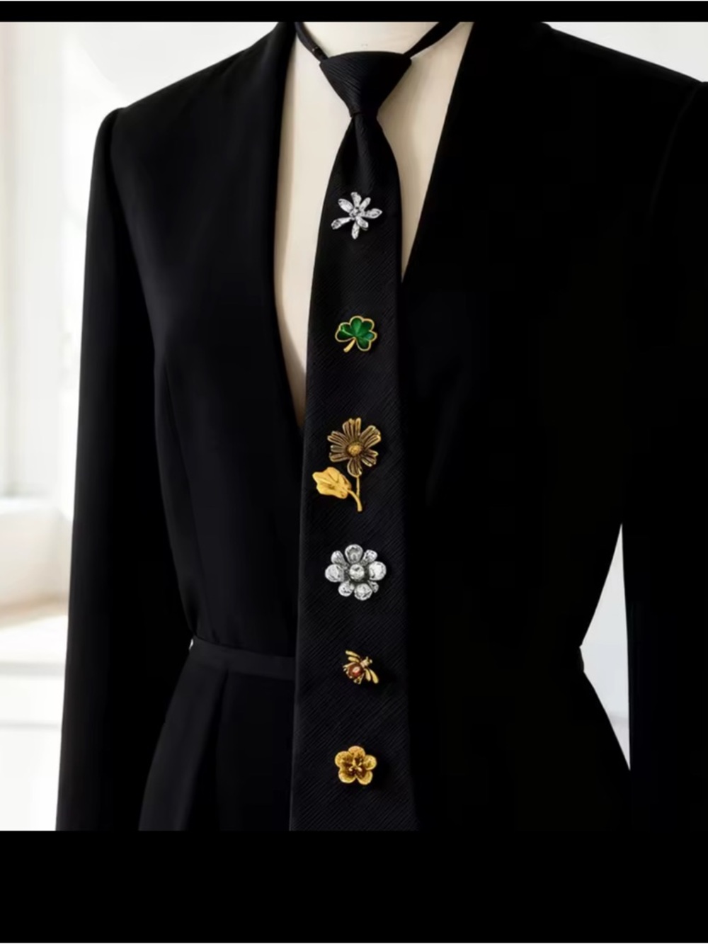 Designer Black Tie with Green and Gold Floral Pins